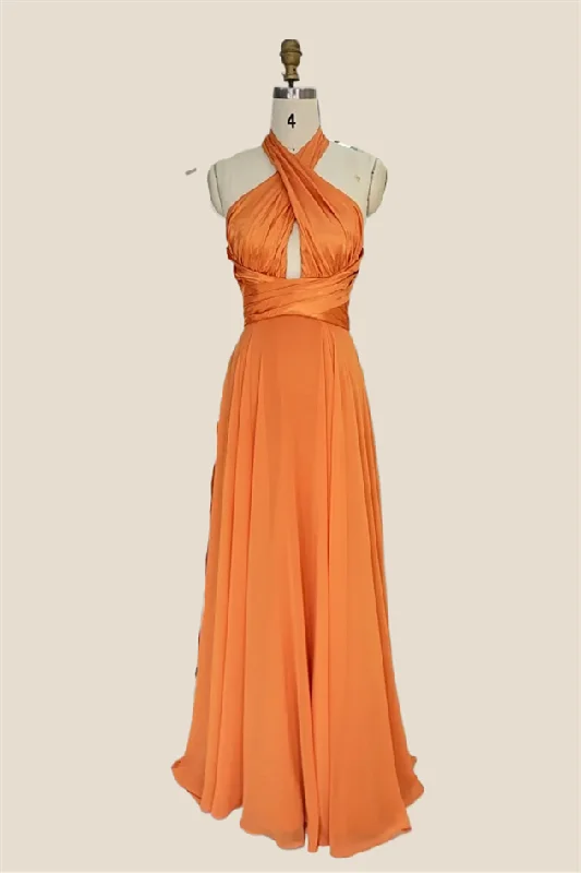 Cross Halter Orange Satin Long Party Dress Tunics Cozy soft