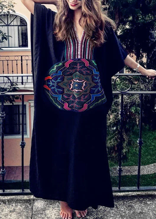 DIY Black Embroideried Batwing Sleeve Beach Gown Party Dress Summer Tunics Trendy modern DIY Black Embroideried Batwing Sleeve Beach Gown Party Dress Summer Tunics Trendy modern
