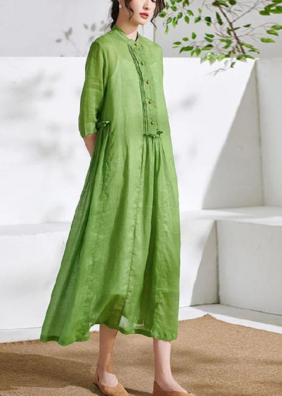 Art Green Ruffled Button Summer Ramie Party Dresses Half Sleeve Square Neckline Feminine Art Green Ruffled Button Summer Ramie Party Dresses Half Sleeve Square Neckline Feminine