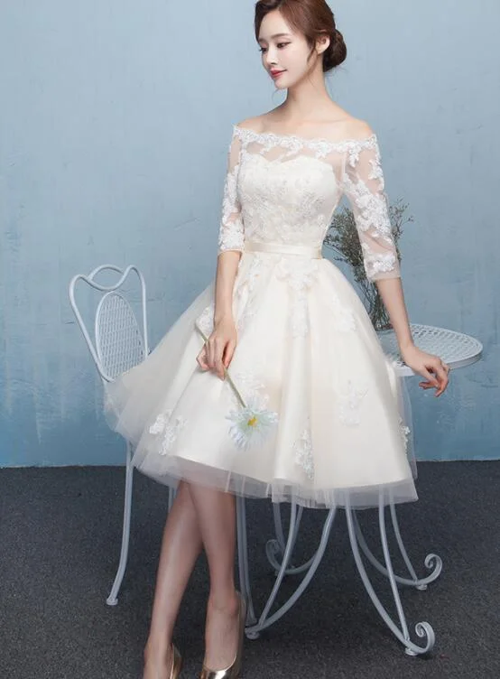 Lovely Ivory Short Tulle Prom Dress , Off Shoulder Party Dress with Lace empire Waist empire Lovely Ivory Short Tulle Prom Dress , Off Shoulder Party Dress with Lace empire Waist empire