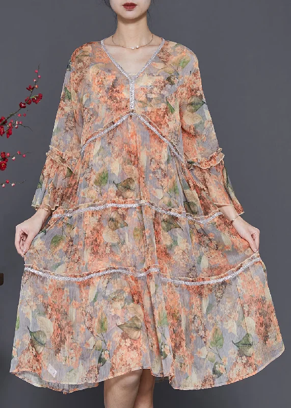 Orange Print Chiffon Party Dress V Neck Flare Sleeve Bodycon Fitted Nightout