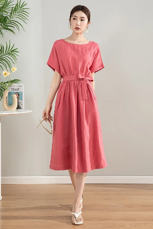 Women's Pink Midi Linen Dress 4197 Tunics stripes playful