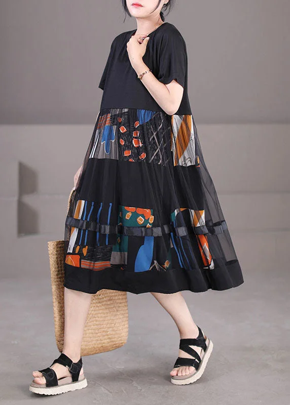 Fine Black O-Neck Tulle Patchwork Print Cotton Party Dress Short Sleeve Tunics Occasion special Fine Black O-Neck Tulle Patchwork Print Cotton Party Dress Short Sleeve Tunics Occasion special