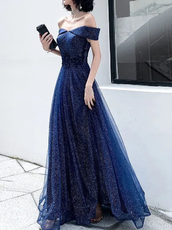 Dark Blue Tulle Long Prom Dress, A-Line Tulle Off Shoulder Blue Wedding Party Dresses Shift Classic Vintage Dark Blue Tulle Long Prom Dress, A-Line Tulle Off Shoulder Blue Wedding Party Dresses Shift Classic Vintage