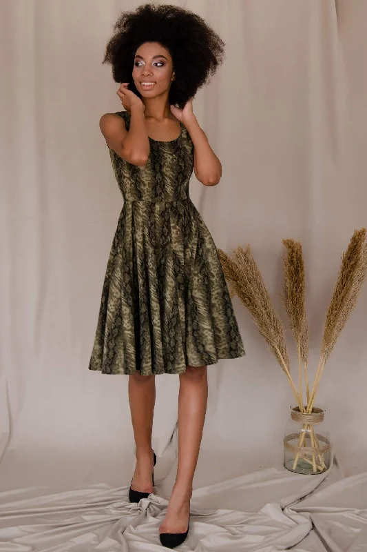 Sage Green Animal Print Skater Evening Party Dress - Women High-Low Hemline Casual