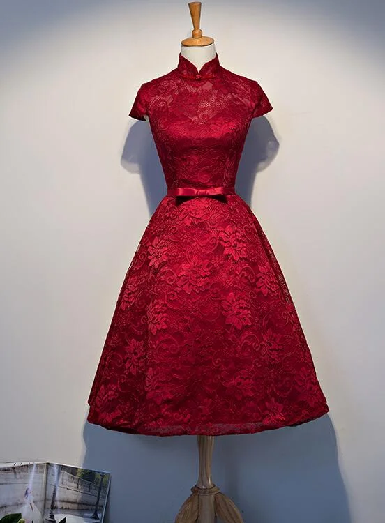 Wine Red Lace Tea Length Wedding Party Dresses, Beautiful Lace Formal Dresses Tunics Top rated Wine Red Lace Tea Length Wedding Party Dresses, Beautiful Lace Formal Dresses Tunics Top rated