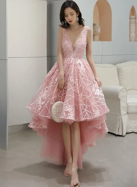 Pink V-neckline Tulle Lace High Low Party Dress, Pink Formal Dress Homecoming Dress Tunics Silk luxurious Pink V-neckline Tulle Lace High Low Party Dress, Pink Formal Dress Homecoming Dress Tunics Silk luxurious