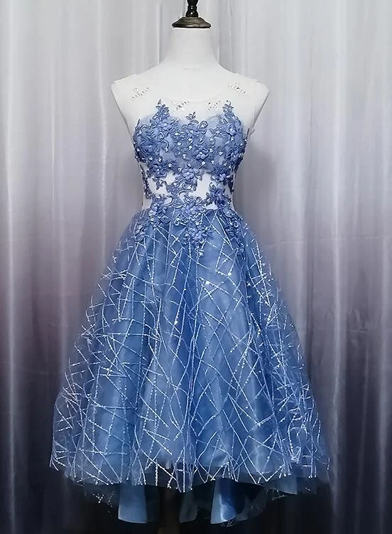 Blue Lace Round Neckline High Low Party Dress, Blue Short Homecoming Dress Boat Neckline Classic Blue Lace Round Neckline High Low Party Dress, Blue Short Homecoming Dress Boat Neckline Classic