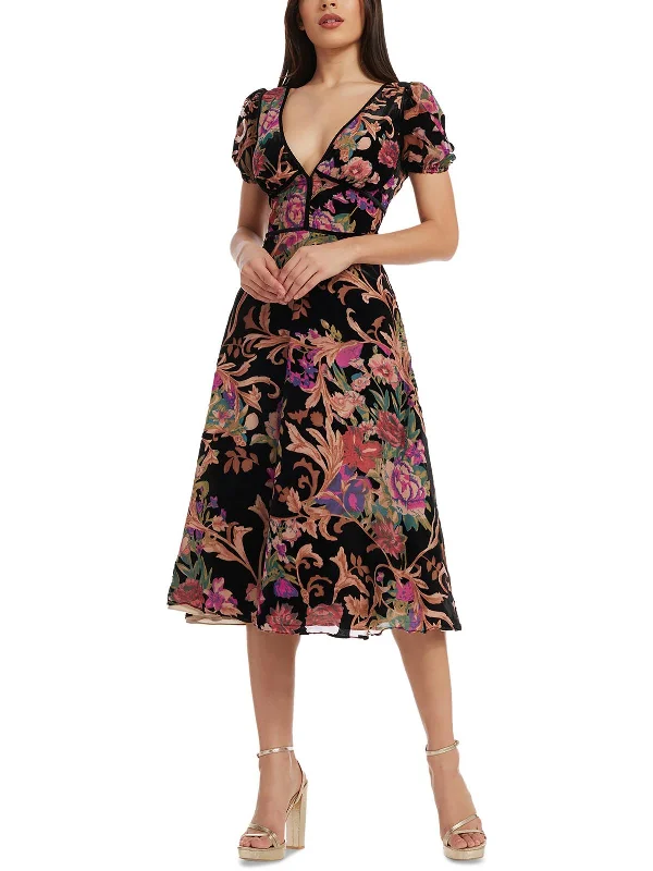 Womens Velvet Floral Fit & Flare Dress Tunics Luxurious high-end
