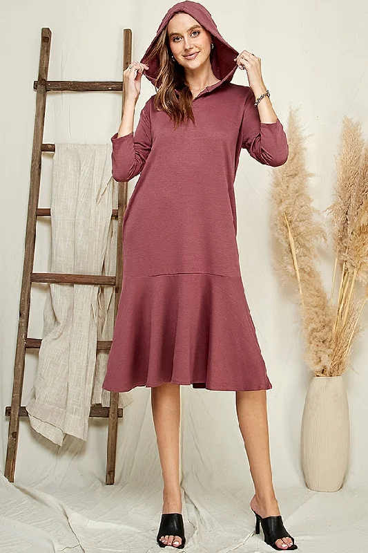 Berry Comfy Hoodie Dress with Ruffle Hoodie with Back Slit Movement Comfort