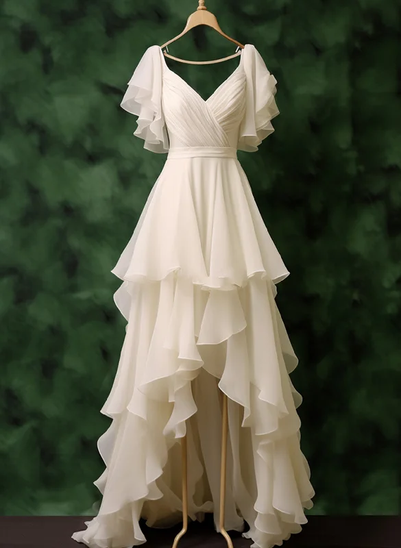 White Chiffon High Low Short Sleeves Party Dress, White Chiffon Wedding Party Dress Pencil Length Work White Chiffon High Low Short Sleeves Party Dress, White Chiffon Wedding Party Dress Pencil Length Work