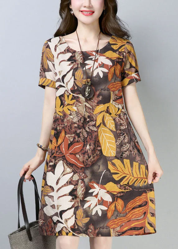 Italian Chocolate O-Neck Leaf Print Cotton Party Dress Short Sleeve Tunics Bridal satin Italian Chocolate O-Neck Leaf Print Cotton Party Dress Short Sleeve Tunics Bridal satin