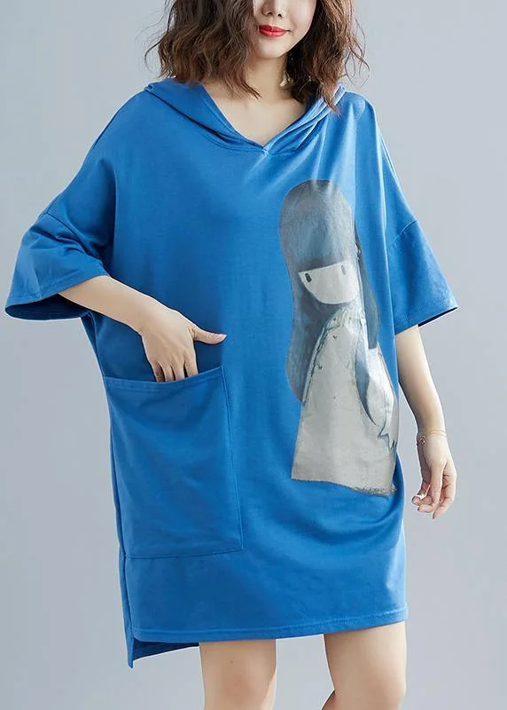 Beautiful Blue Appliques Cotton hooded Summer Party Dress Boatneck Modish Everyday