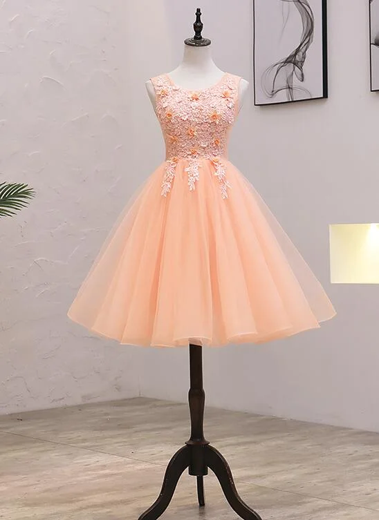 Cute Pink Flowers and Lace Applique Round Neckline Party Dress, Pink Homecoming Dress Tunics Floral girly Cute Pink Flowers and Lace Applique Round Neckline Party Dress, Pink Homecoming Dress Tunics Floral girly