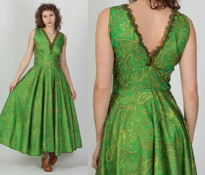 60s Green Paisley Metallic Chiffon Party Dress - Medium Tunics Luxurious premium