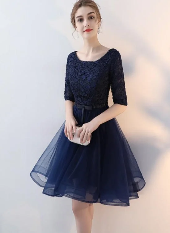 Navy Blue Lace and Tulle Short Sleeves Homecoming Dress Party Dress, Round Neckline Prom Dresses Tunics Versatile stylish Navy Blue Lace and Tulle Short Sleeves Homecoming Dress Party Dress, Round Neckline Prom Dresses Tunics Versatile stylish