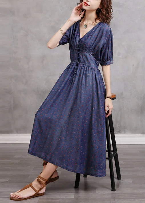 Modern Navy V Neck button elastic waist Cotton Party Dress Short Sleeve Tunics Versatile functional Modern Navy V Neck button elastic waist Cotton Party Dress Short Sleeve Tunics Versatile functional