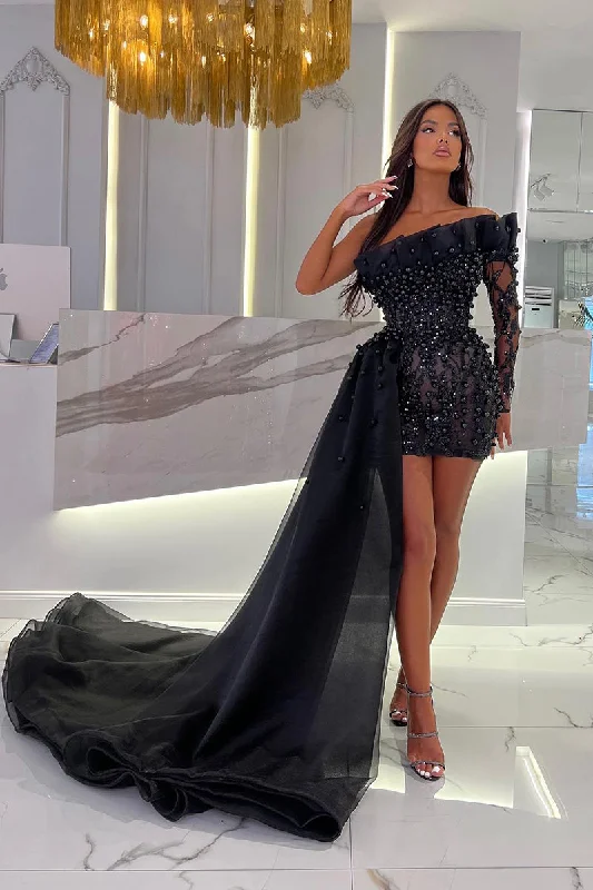 H5057 - Luxurious Sheath One Shoulder Beaded Tulle Mini Homecoming Party Dress Lace Sexy Club H5057 - Luxurious Sheath One Shoulder Beaded Tulle Mini Homecoming Party Dress Lace Sexy Club