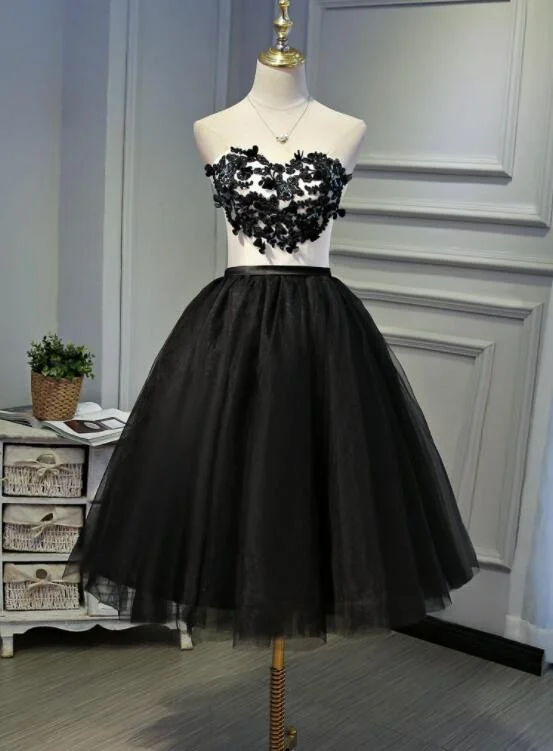 Black Tea Length Round Neckline Tulle Party Dress, Black Homecoming Dress Boatneck Modish Everyday Black Tea Length Round Neckline Tulle Party Dress, Black Homecoming Dress Boatneck Modish Everyday