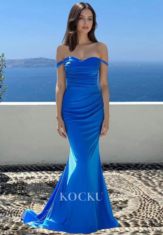 Royal Blue Sweetheart Mermaid Sleeveless Ruched Satin Evening Party Dresss with Train Tunics Sophisticated sleek Royal Blue Sweetheart Mermaid Sleeveless Ruched Satin Evening Party Dresss with Train Tunics Sophisticated sleek