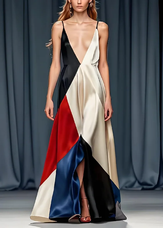 Sexy Colorblock V Neck Silk Spaghetti Strap Party Dress Sleeveless Tunics Running lightweight Sexy Colorblock V Neck Silk Spaghetti Strap Party Dress Sleeveless Tunics Running lightweight