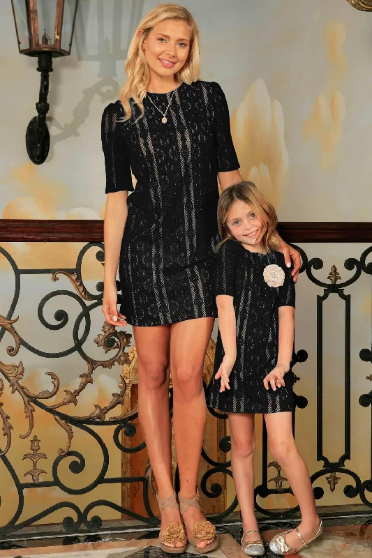 Black Crochet Lace Elbow Sleeve Shift Mother Daughter Party Dress Tunics Modern contemporary Black Crochet Lace Elbow Sleeve Shift Mother Daughter Party Dress Tunics Modern contemporary
