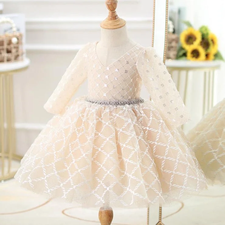 Toddler ball Gowns Girl Long Sleeve Sequin Back Hollow Bead Formal Princess Dress Halter Neckline Beach