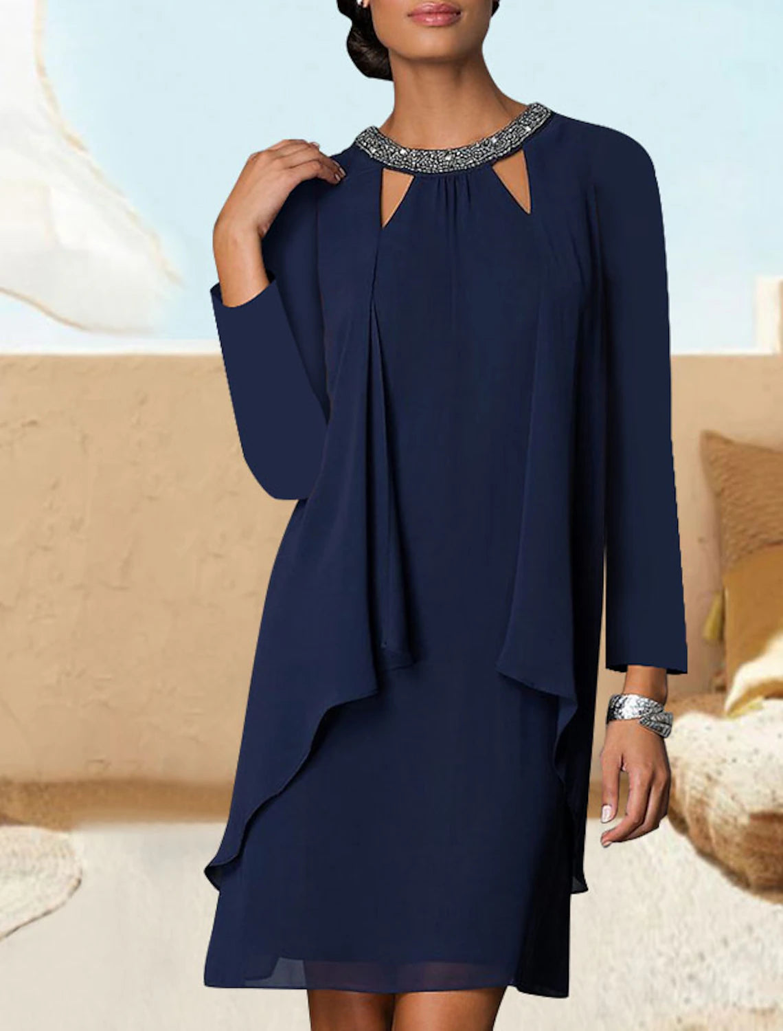 A-Line Cocktail Party Dress Elegant Dress Prom Short / Mini Long Sleeve Jewel Neck Fall Wedding Guest Chiffon with Crystals Pure Color Tunics Denim casual A-Line Cocktail Party Dress Elegant Dress Prom Short / Mini Long Sleeve Jewel Neck Fall Wedding Guest Chiffon with Crystals Pure Color Tunics Denim casual