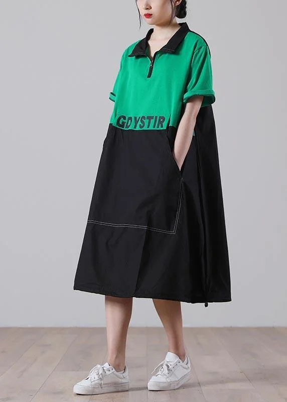 Simple Green Graphic Cotton Pockets Summer Party Dress A-Line Day Work