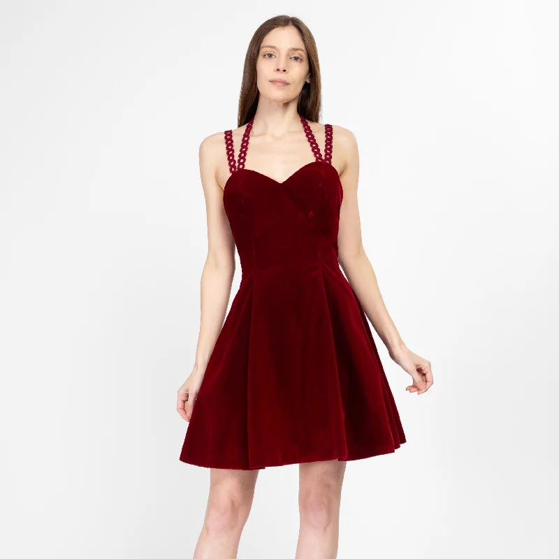 Small 80s Oxblood Red Velvet Chain Strap Party Dress Tunics Leisure comfortable