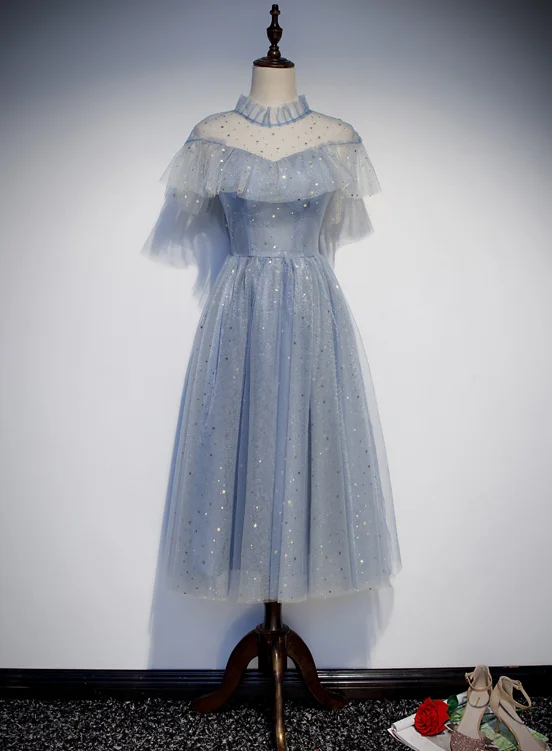 Light Blue Shiny Tulle High Neckline Homecoming Dress Party Dress, Blue Short Prom Dress Tunics Trendy modern Light Blue Shiny Tulle High Neckline Homecoming Dress Party Dress, Blue Short Prom Dress Tunics Trendy modern