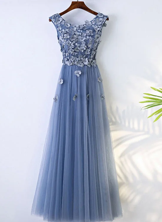 Chic Blue Tulle Scoop Neckline Full-length Bridesmaid Dress, Blue Lace Applique Party Dress Lace Sexy Club Chic Blue Tulle Scoop Neckline Full-length Bridesmaid Dress, Blue Lace Applique Party Dress Lace Sexy Club