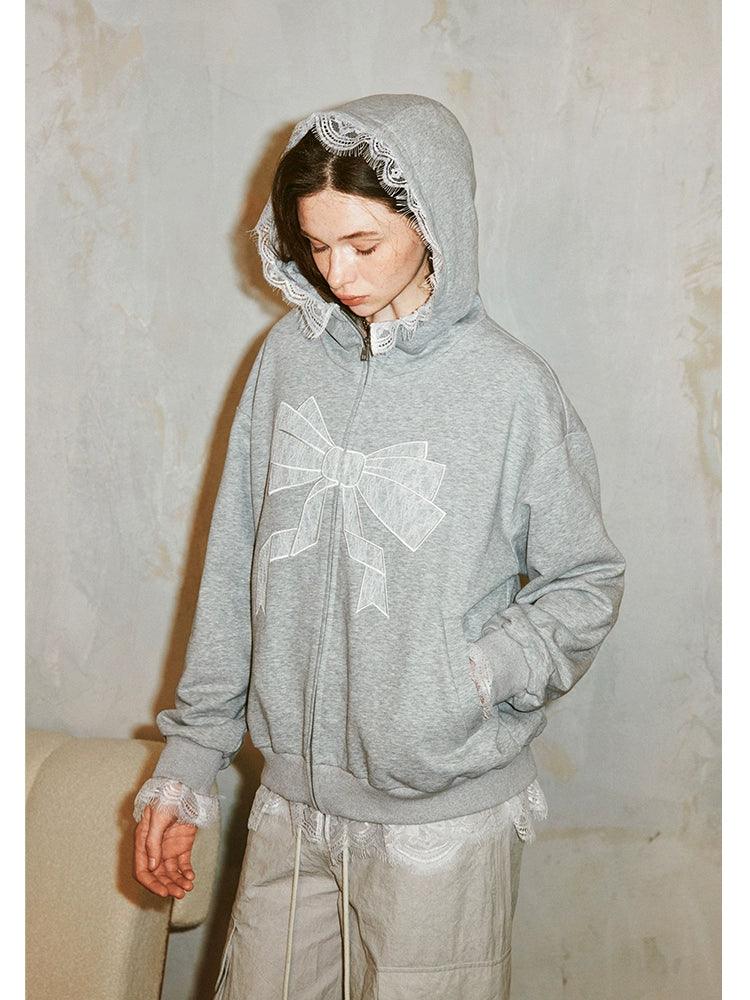 Diddi Moda Women'S Bow Print Hoodie - Gray Zip-Up Sweatshirt With Lace Trim And Graphic Design Hoodie with Hem Frayed Vintage Worn Diddi Moda Women'S Bow Print Hoodie - Gray Zip-Up Sweatshirt With Lace Trim And Graphic Design Hoodie with Hem Frayed Vintage Worn