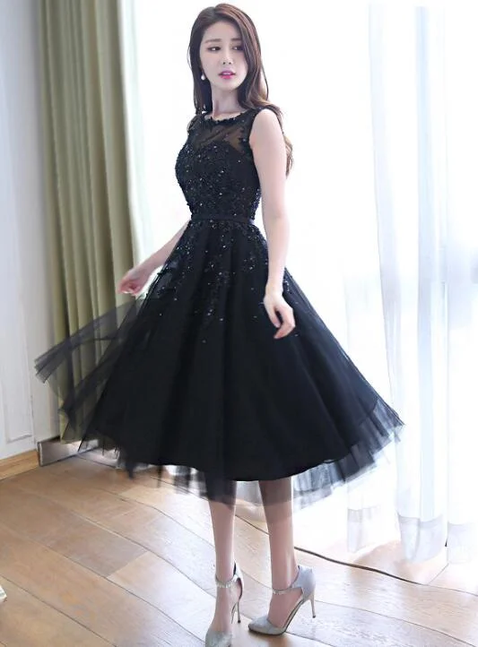 Beautiful Handmade Tea Length Tulle Black Party Dress, Black Bridesmaid Dress Crew Neckline Casual Beautiful Handmade Tea Length Tulle Black Party Dress, Black Bridesmaid Dress Crew Neckline Casual