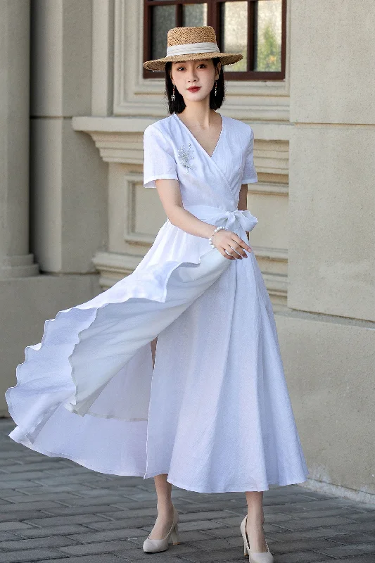 White wedding wrap summer linen dress 4895 -Size XS #CK2400279 Crew Neckline Sporty