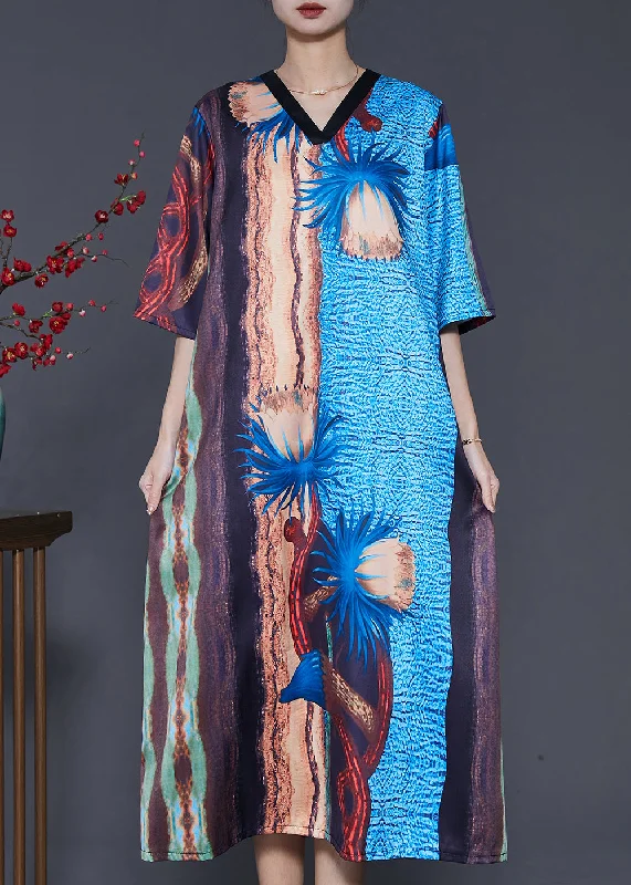French Colorblock V Neck Print Silk Party Dress Summer Tunics Silk luxurious