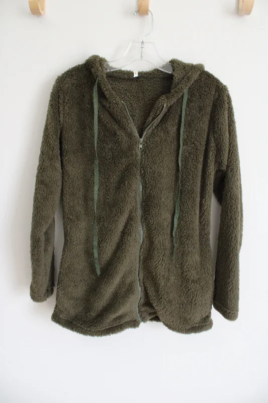 Full Zip Green Fuzzy Hoodie | S Hoodie with Hem Fringe Bohemian Relaxed