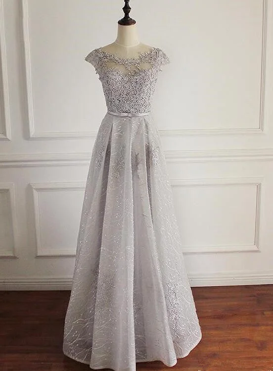 Beautiful Sliver Grey Tulle Lace A-line Simple Prom Dress, Long Cap Sleeves Party Dress High-Low Hemline Casual Beautiful Sliver Grey Tulle Lace A-line Simple Prom Dress, Long Cap Sleeves Party Dress High-Low Hemline Casual