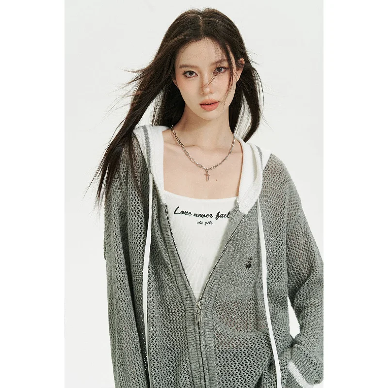 Grey Color Blocked Knit Zip Hoodie Hoodie with Color Block Contrast Stylish