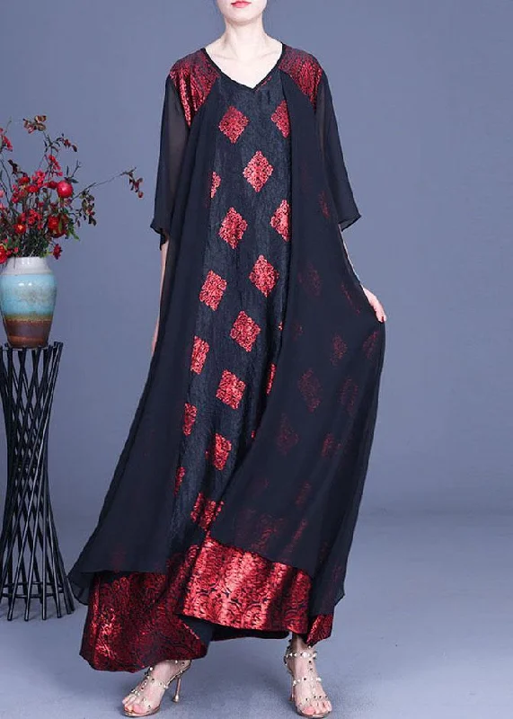 Fashion Red Print Patchwork Summer Silk Party Dress Sequined Elegant Party