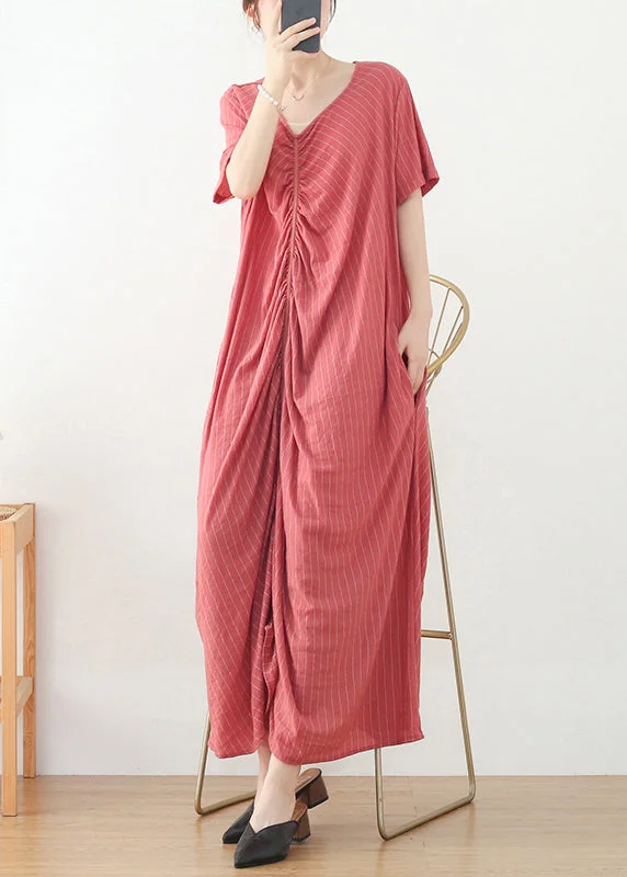 Bohemian Pink Wrinkled V Neck Cotton Party Dress Short Sleeve Tunics Luxurious high-end Bohemian Pink Wrinkled V Neck Cotton Party Dress Short Sleeve Tunics Luxurious high-end