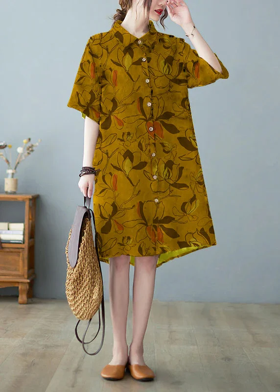 Modern Yellow Button Stand Collar Floral Print Party Dress Half Sleeve Tunics Yoga stretchy Modern Yellow Button Stand Collar Floral Print Party Dress Half Sleeve Tunics Yoga stretchy