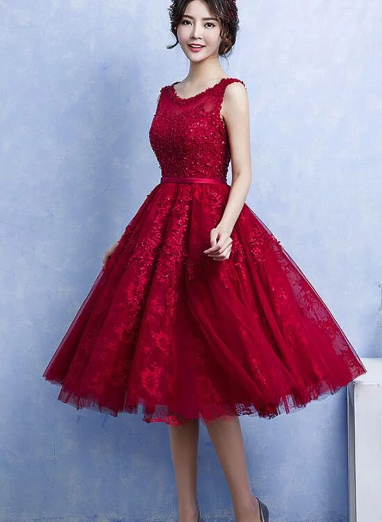 Pretty Handmade Knee Length Dark Red Lace Junior Party Dress, Beautiful Tulle Dress Cowl Neckline Elegant Pretty Handmade Knee Length Dark Red Lace Junior Party Dress, Beautiful Tulle Dress Cowl Neckline Elegant