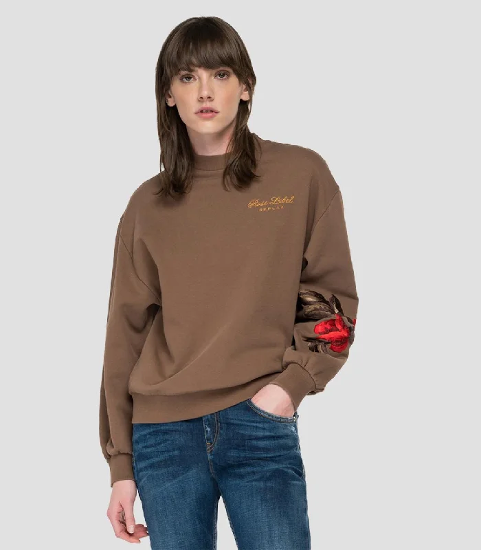 Replay W3616 Rose Label Sweatshirt Hoodie with Typography Text Message