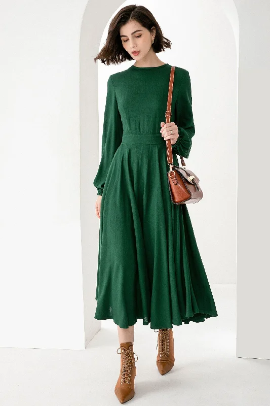 Women Green Midi Linen Dress 3829 Off-the-shoulder Chic Trendy