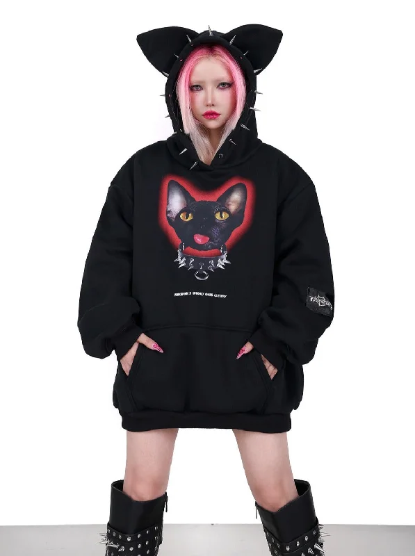 PINKSPINK Spiked Cat-Ear Hoodie - Black with Gothic Cat Print Hoodie with Exposed Zipper Edgy Industrial PINKSPINK Spiked Cat-Ear Hoodie - Black with Gothic Cat Print Hoodie with Exposed Zipper Edgy Industrial