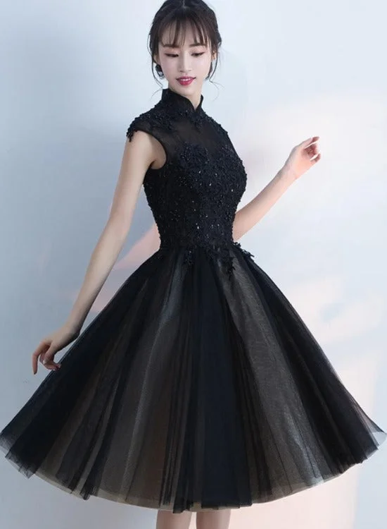 Black Tulle Homecoming Dress with High Neckline, Black Short Party Dress Prom Dress Tunics Custom made Black Tulle Homecoming Dress with High Neckline, Black Short Party Dress Prom Dress Tunics Custom made