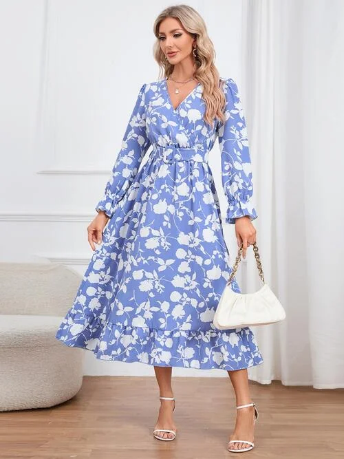 Floral Surplice Flounce Sleeve Ruffle Hem Dress Boat Neckline Classic