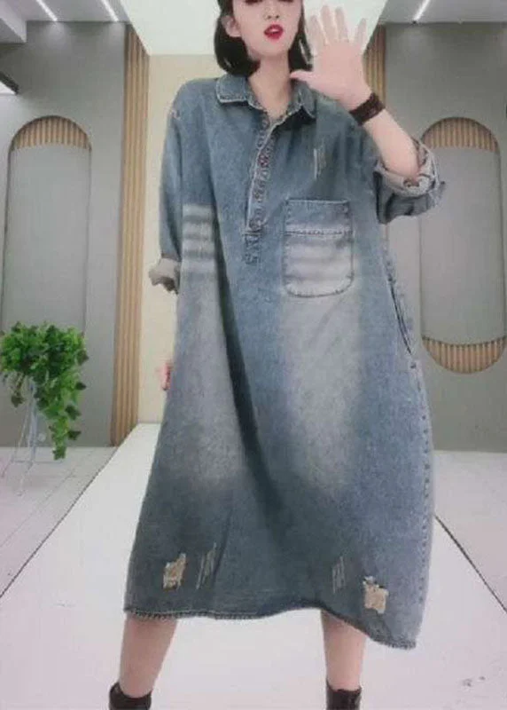 Natural Blue PeterPan Collar Button Pockets Hole Fall Long sleeve Denim Party Dress Tunics Print Colorful Natural Blue PeterPan Collar Button Pockets Hole Fall Long sleeve Denim Party Dress Tunics Print Colorful