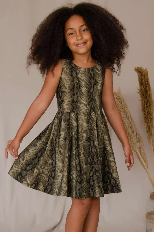 Sage Green Animal Print Fit & Flare Skater Party Dress - Girls Tunics Fall fleece